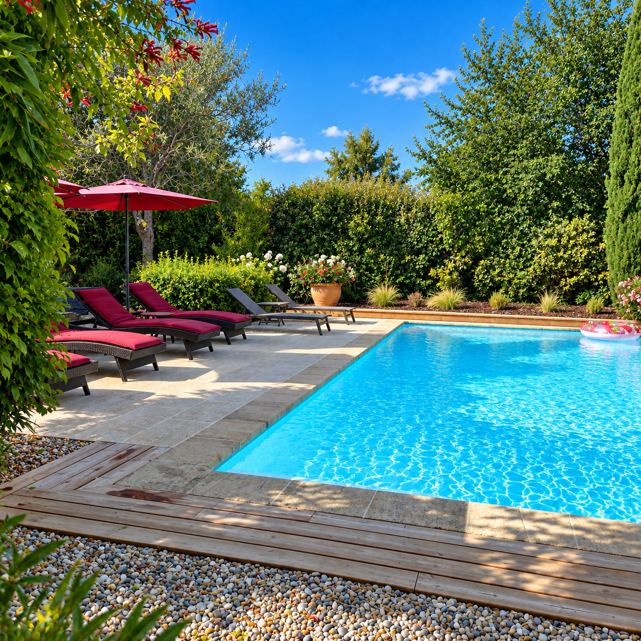 Piscine et jardin arboré du gîte sous le soleil