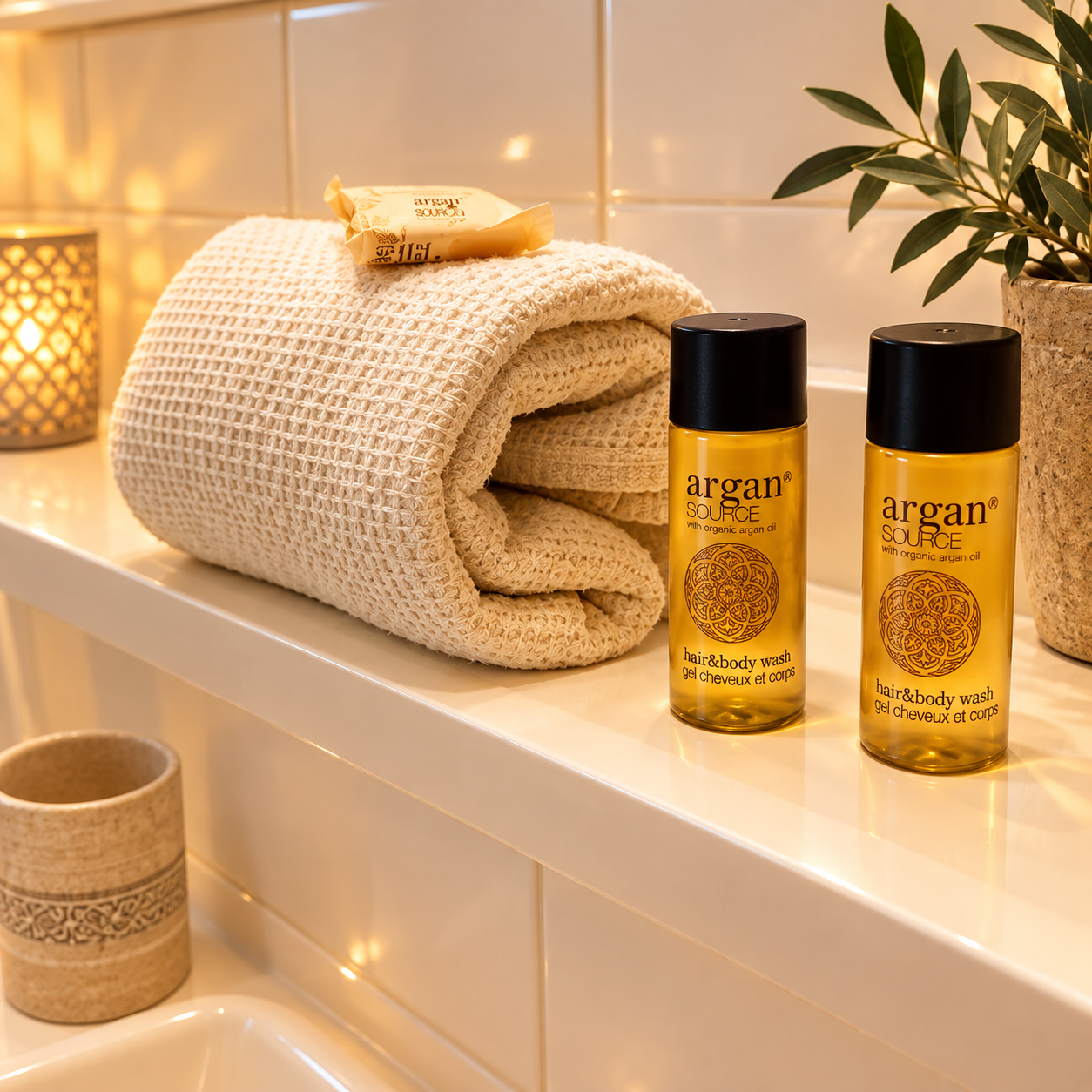 Serviettes moelleuses et produits d’accueil dans la salle de bain